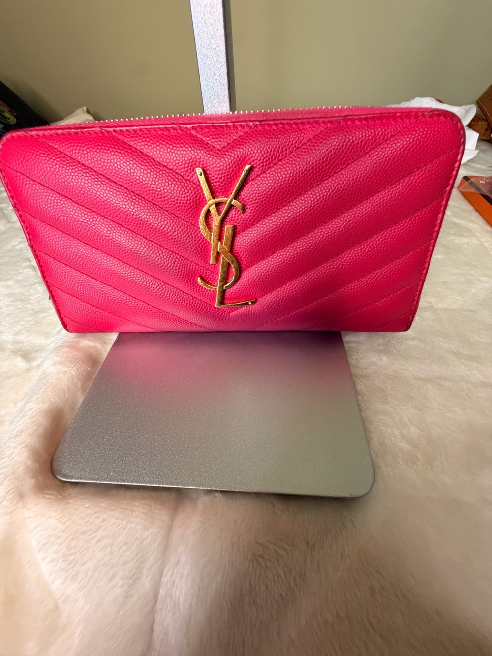 Saint Laurent Hot Pink Quilted Leather zipper Wallet with Gold YSL